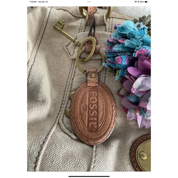FOSSIL Grayson Beige Canvas Fabric Satchel Bag Added Floral Accessories ***READ - Picture 6 of 12